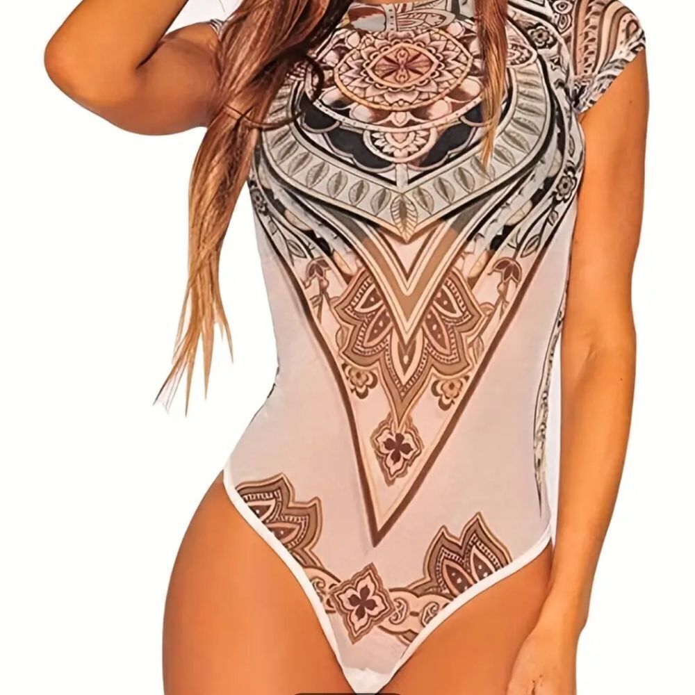 Tribal Boho Crew Neck Mesh Body Suit